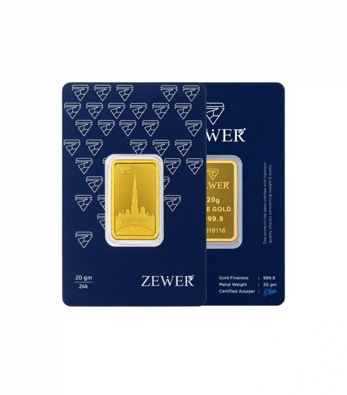 24Kt 20g - 999.9 Iconic Burj Khalifa, Downtown Dubai Skyline, Palm Boulevard & Official "DUBAI دبي" Typography