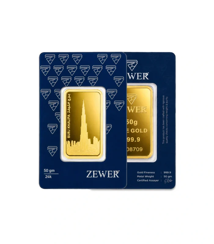 24Kt 50g - 999.9 Burj Al Arab, Burj Khalifa, Cayan Tower, Museum of the Future, Traditional Abra Boat on Dubai Creek & Geometric UAE Lattice Field