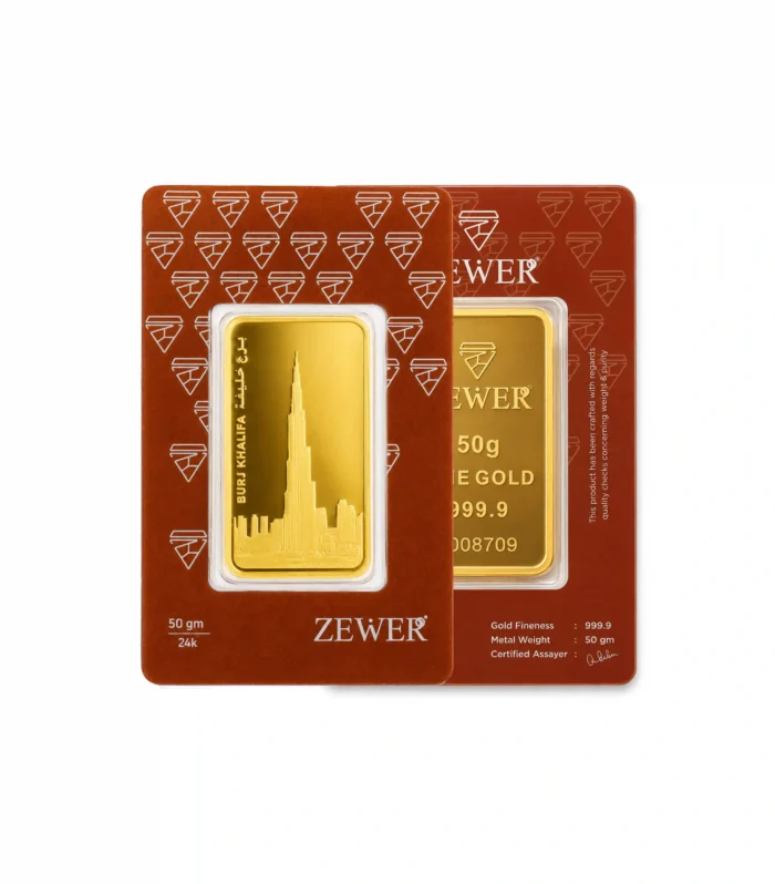24Kt 50g - 999.9 Burj Al Arab, Burj Khalifa, Cayan Tower, Museum of the Future, Traditional Abra Boat on Dubai Creek & Geometric UAE Lattice Field