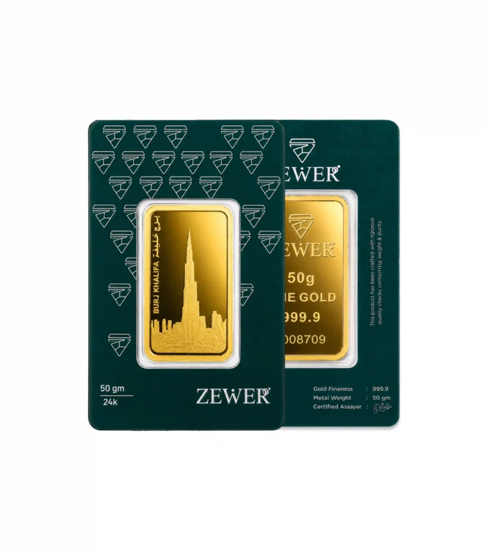 24Kt 50g - 999.9 Burj Al Arab, Burj Khalifa, Cayan Tower, Museum of the Future, Traditional Abra Boat on Dubai Creek & Geometric UAE Lattice Field