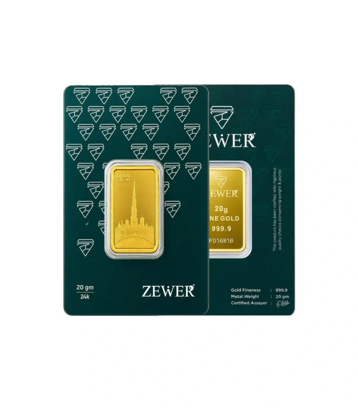 24Kt 20g – 999.9 Iconic Burj Khalifa, Downtown Dubai Skyline, Palm Boulevard & Official “DUBAI دبي” Typography